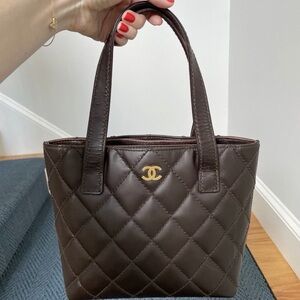 CHANEL Quilted Chocolate Brown Leather Tote with Gold CC